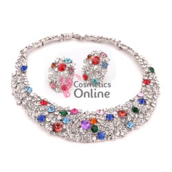 Colier cu cercei AS41 Argintiu cu cristale color